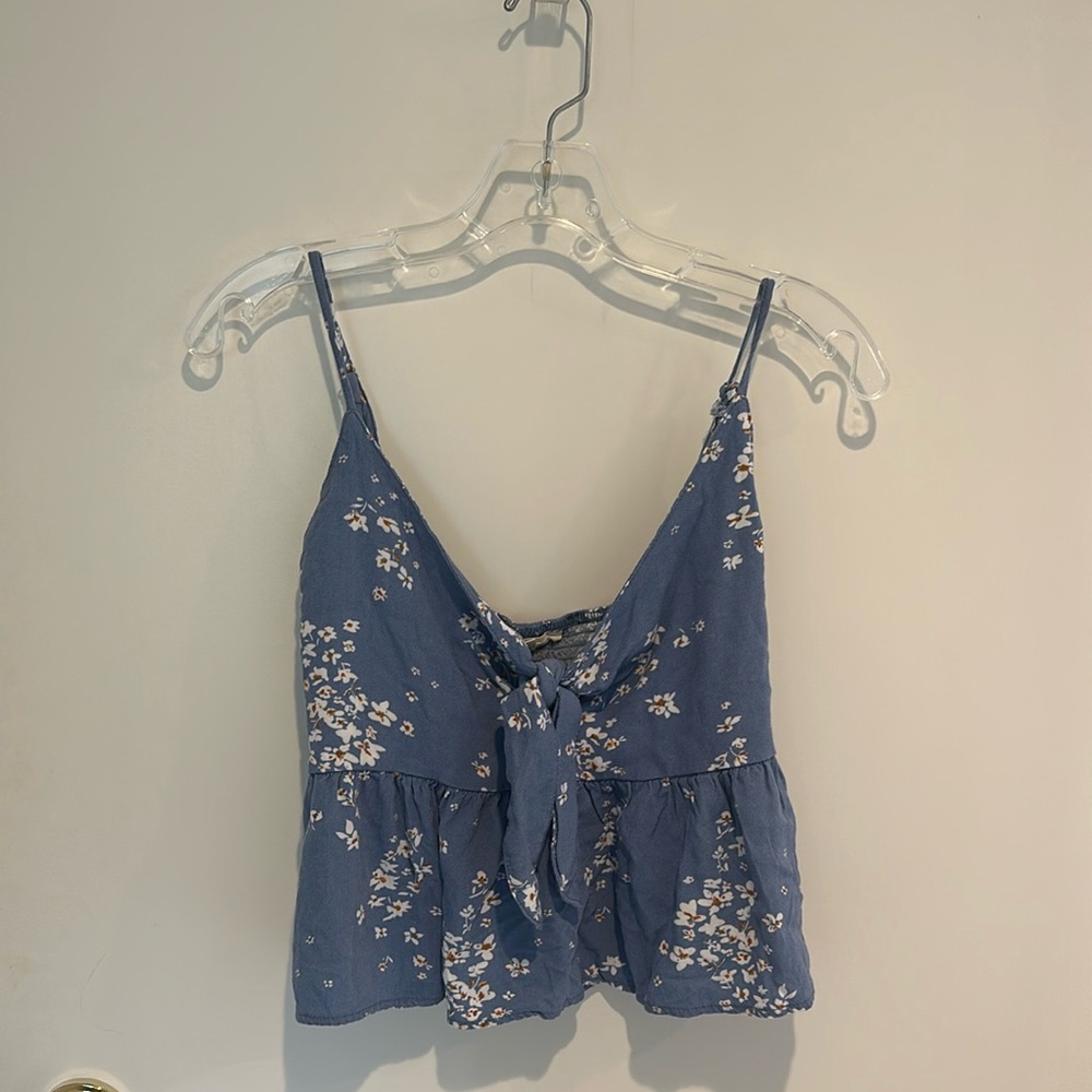 Blue Front Tie Floral Tank Top